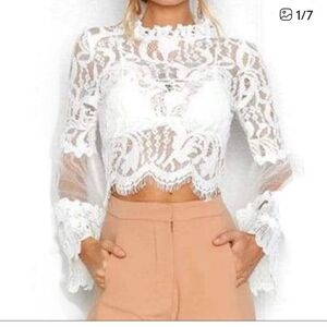 Lovesong Cropped Fitted Lace Bell Sleeve Bohemian Ivory Blouse Top